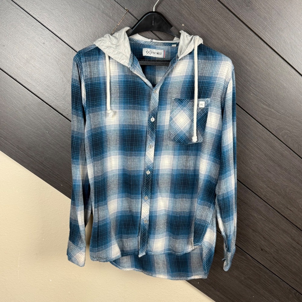 Depart West Women's Hooded Plaid Flannel Shirt Medium Blue Gray Button Up